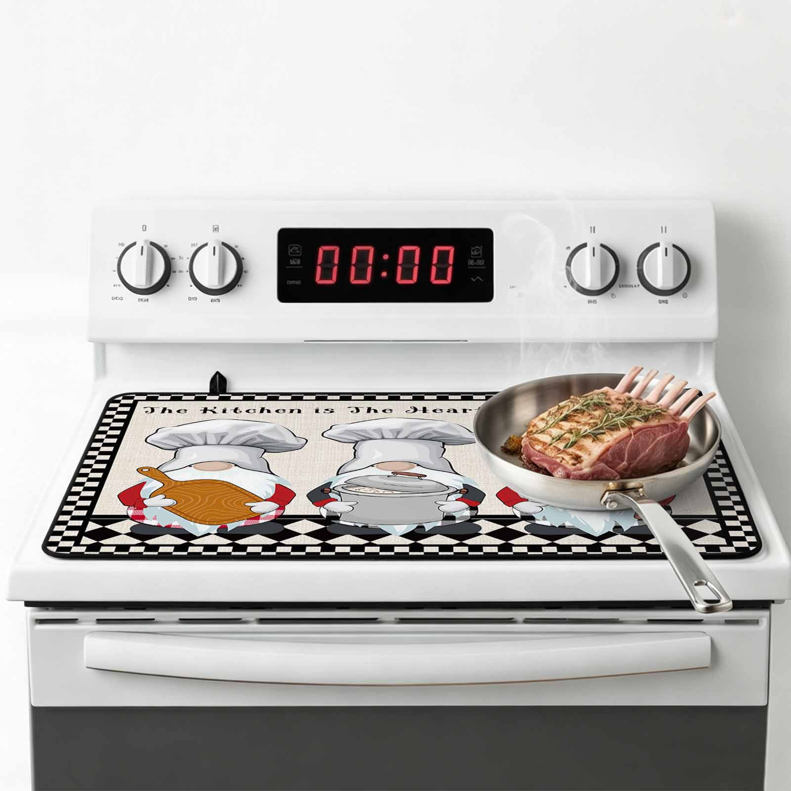 Beige Chef Gourmet Stove Top Cover for Electric Stove, Heat-proof & Non Slip Glass Top Stove Cover Protector, Black White Plaid Kitchen Cook Kitchen Flat Cooktop Rubber Mat 24x21 Inches