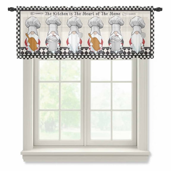 Beige Chef Gourmet Valance Curtains for Kitchen/Living Room/Bathroom/Bedroom Window, Rod Pocket Small Topper Half Short Window Curtains Voile Sheer Scarf, Black White Plaid Kitchen Cook 42"x12"