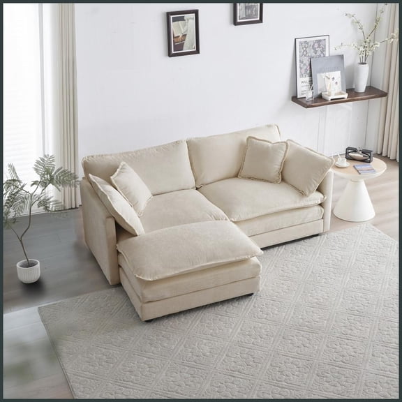 Beige Chenille 2-Seater L-Shaped Sectional Sofa with Ottoman Modern Comfort for Small Living Spaces