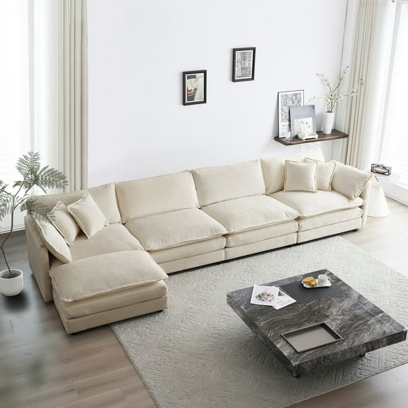 Beige Chenille 5 Seater Sectional - U Shaped With For Living Room, Superior Comfort And Construction Sectional: Modern