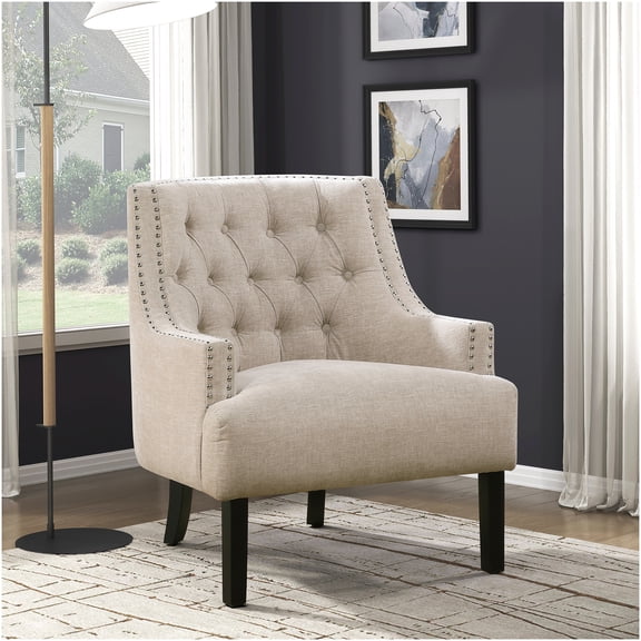 Beige Chenille Accent Chair with Button Tufting and Nailhead Trim for Living Room