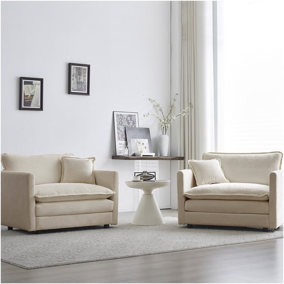 Beige Chenille Accent Chairs Set of 2, Upholstered Armchairs with Pillows for Living Room, Lounge Seating