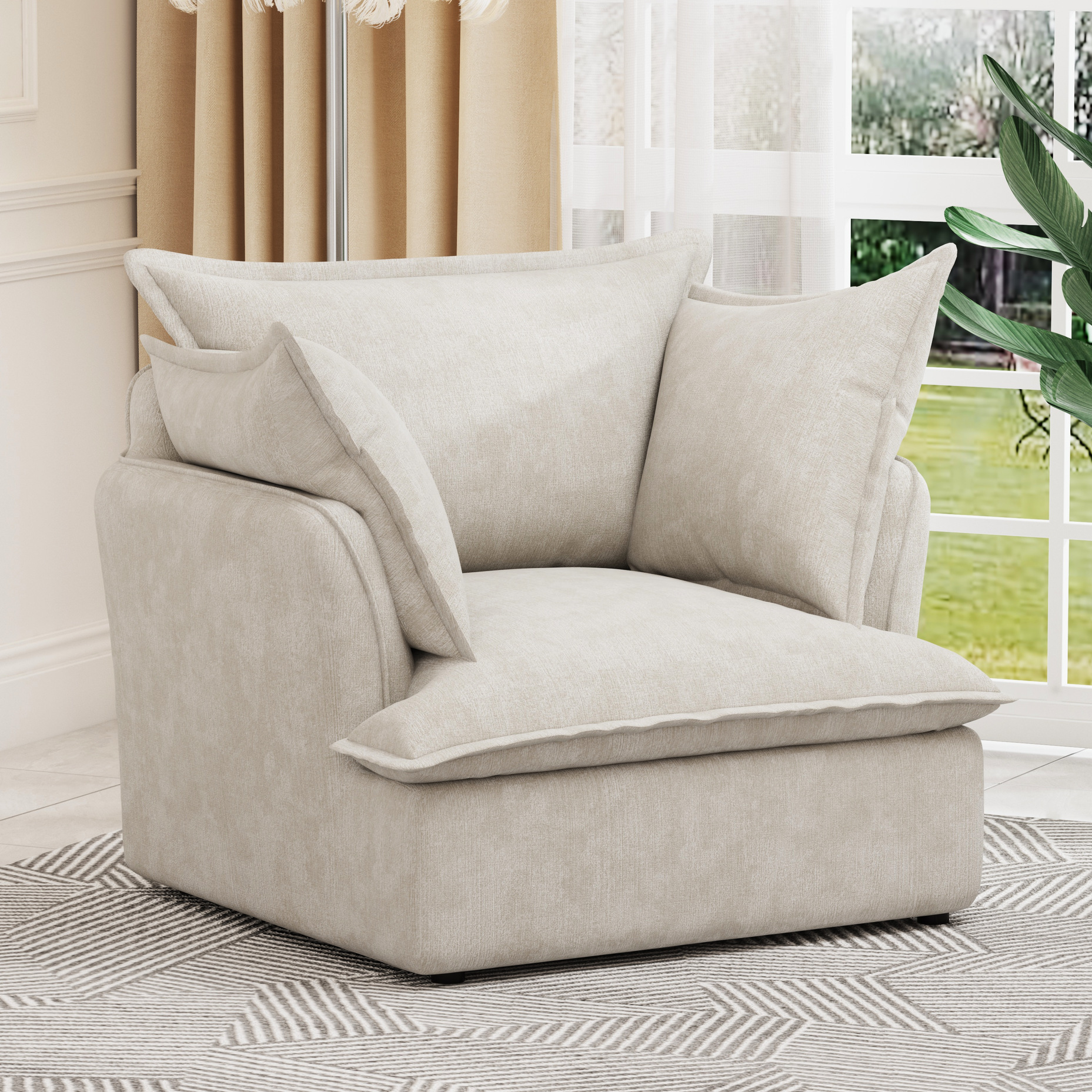 Comfortable Padding Beige Chenille Armchair, Dorm Room . Solid + Manufactured Wood Frame ...