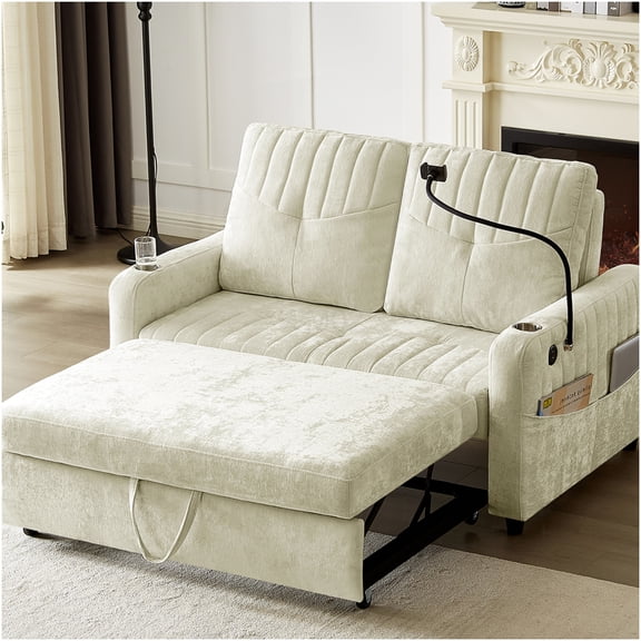 Beige Chenille Convertible Sofa Bed with USB Charging, Cup Holders & Storage Pockets, Adjustable Backrest for Living Room