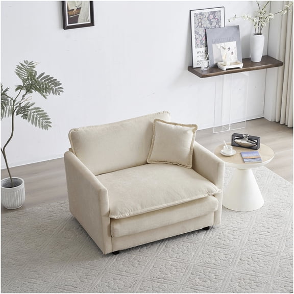 Beige Chenille Fabric Accent Chair with Pillow, Single Seat Sofa for Living Room, Reading Armchair