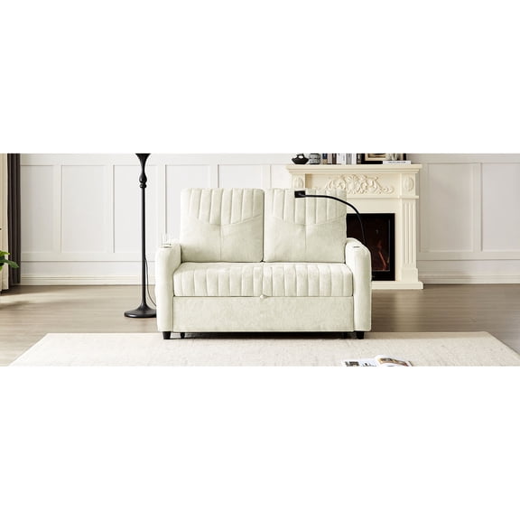 Beige Chenille Loveseat with Phone Holder | Adjustable Sofa Bed for Gaming, Reading & Napping | Smart Design for Hands - free Enjoyment