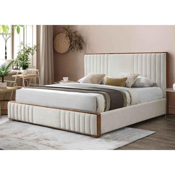Beige Chenille Queen Bed With A And Relaxing Feel Elegant For Peaceful Bedroom