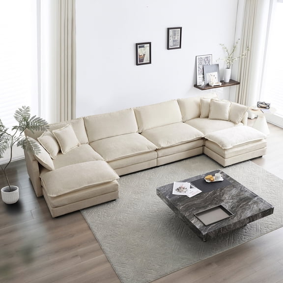 Beige Chenille Sectional Sofa | High-Quality Sponge Filling | Feel Relaxed and Supported While Sitting
