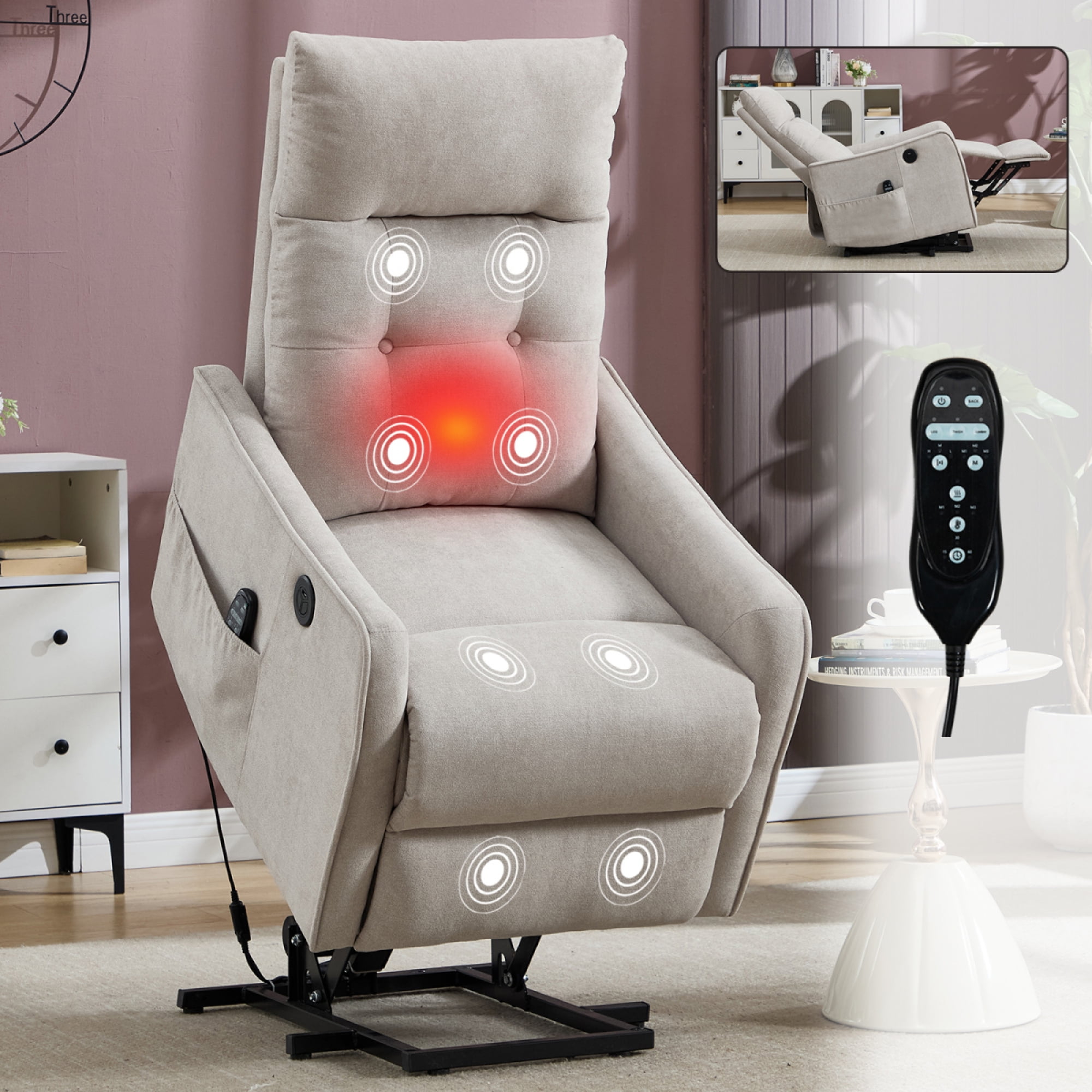 Beige  Chenille Single Motor Power Lift Recliner Chair with Massage and Heat for Elderly, Heavy Duty Motion Mechanism and One USB for Charging, Max Reclining Angle 155°