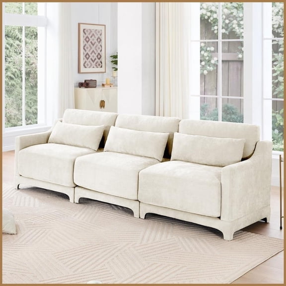 Beige Chenille Three-Seater Sofa with Lumbar Pillow - Modern Ergonomic Design for Living Rooms, Bedrooms & Studies