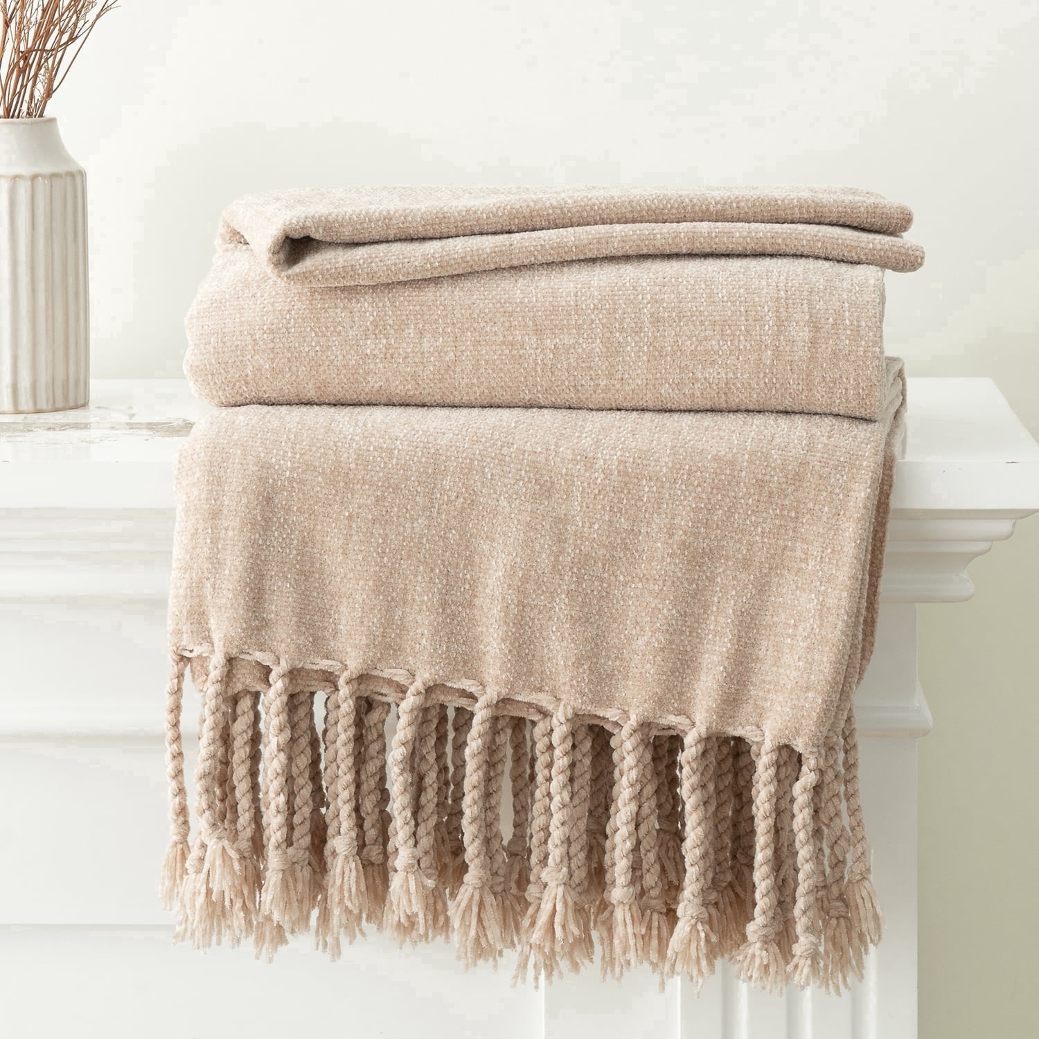 Beige Chenille Throw Blanket,Decorative Tan Knit Blanket for Living Room Decor,50"x60"