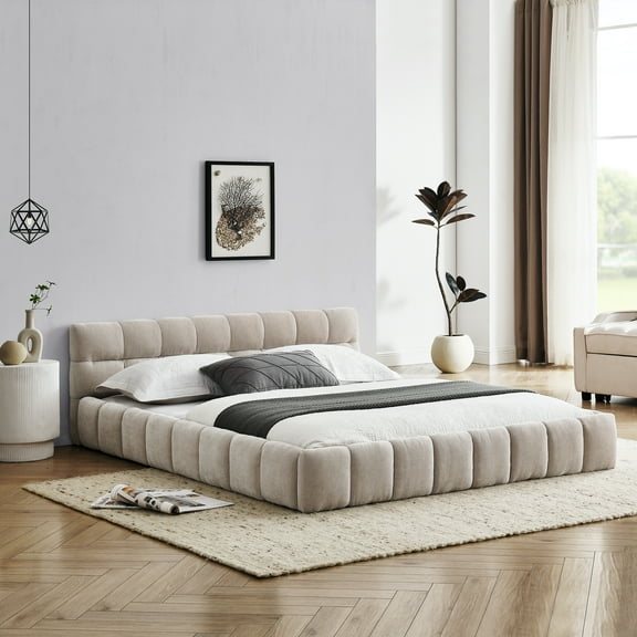Beige Chenille Upholstered Queen Platform Bed Frame with Soft Headboard, Solid Support Structure, No Box Spring Needed