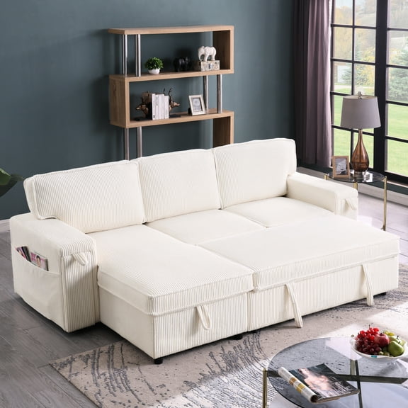 Beige Chenille Upholstery Sleeper Sectional: Storage, Medium-firm Seat, Victorian Upholstered Sectional With Storage: Chenille, Seat Style