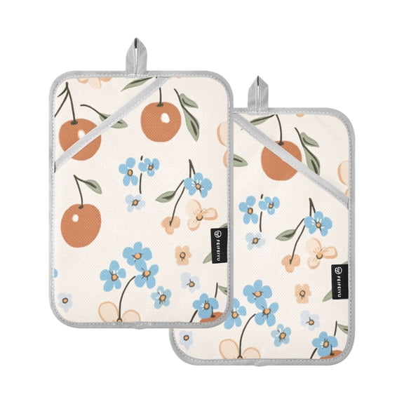 Beige Cherries and Leaves Oven Mitts Pot Holders 2 pcs Heat Resistant for Kitchen Baking Grilling