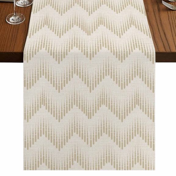 Beige Chevron Waves Burlap Cotton Table Runner 13x36 Inches Short, Modern Abstract Art Boho Geometric Farmhouse Table Runners, Outdoor Dining Tablecloths Decor for Baby Shower/Party/Wedding