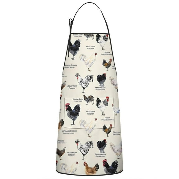 Beige Chicken Breed Pattern Apron-Garden Aprons for Women with Pockets-Cotton Linen Waterproof Kitchen Cooking Gardening Aprons Adjustable for Kitchen,Cooking,BBQ and Salon 33x27 Inch