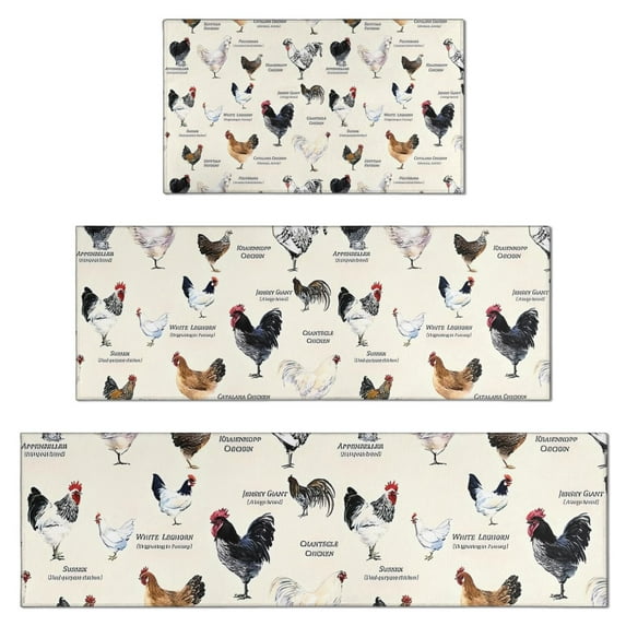 Beige Chicken Breed Pattern Kitchen Rugs Sets Of 3,Kitchen Runner Rugs Non Skid Washable,Decorative Kitchen Floor Mats for Kitchen,Sink,Laundry,17"x30"+ 17"x47" + 17"x59"