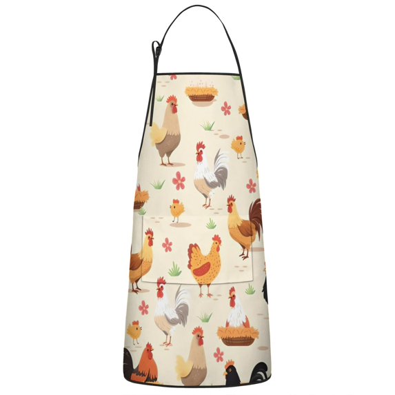 Beige Chicken Cartoon Pattern Apron-Garden Aprons for Women with Pockets-Cotton Linen Waterproof Kitchen Cooking Gardening Aprons Adjustable for Kitchen,Cooking,BBQ and Salon 33x27 Inch