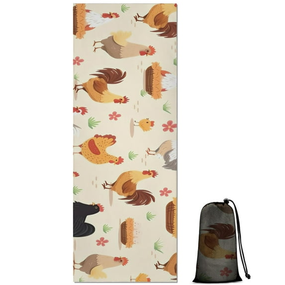 Beige Chicken Cartoon Pattern Hot Yoga Mat Towel Non Slip for Hot Yoga - Quick-Drying Yoga Mat Cover with 4 Corner Pockets with Travel Bag - Hot Yoga Towel Non Slip 70"x26"