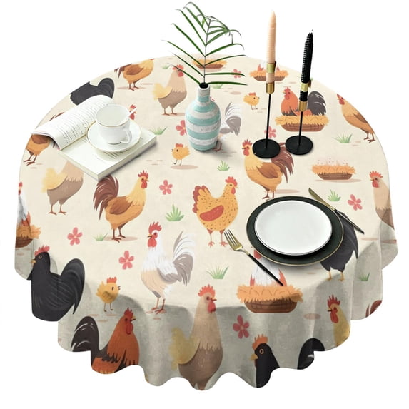Beige Chicken Cartoon Pattern Round Tablecloth 60"x60",Wrinkle Wipeable Table Cloth for Kitchen Dining Room Picnic Patio Party