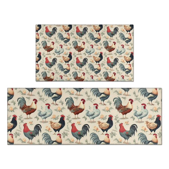 Beige Chicken Floral Pattern Kitchen Rugs Sets Of 2,Anti Fatigue Kitchen Mat Rugs Non Slip Washable,Decorative Kitchen Floor Mats for Kitchen,Sink,Laundry,17"x30"+17"x47"