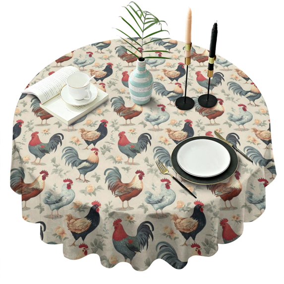 Beige Chicken Floral Pattern Round Tablecloth 60"x60",Wrinkle Wipeable Table Cloth for Kitchen Dining Room Picnic Patio Party