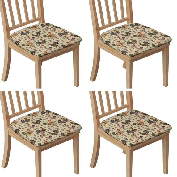 Beige Chicken Folk Pattern Seat Covers for Dining Room Chairs Set Of 4,Stretch Printed Washable Chair Seat Cover with Elastic Ties and Button,Removable Waterproof Couch Cushion Covers