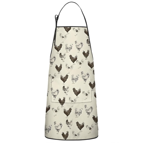 Beige Chicken Sketch Pattern Apron-Garden Aprons for Women with Pockets-Cotton Linen Waterproof Kitchen Cooking Gardening Aprons Adjustable for Kitchen,Cooking,BBQ and Salon 33x27 Inch