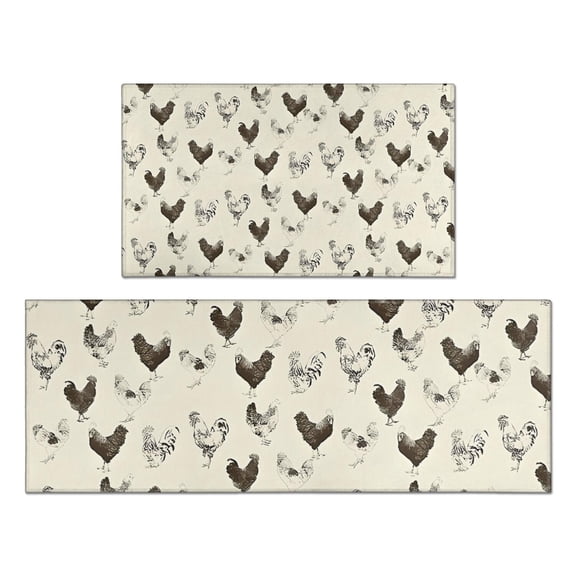 Beige Chicken Sketch Pattern Kitchen Rugs Sets Of 2,Anti Fatigue Kitchen Mat Rugs Non Slip Washable,Decorative Kitchen Floor Mats for Kitchen,Sink,Laundry,17"x30"+17"x47"