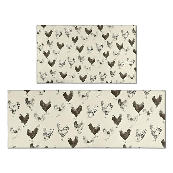 Beige Chicken Sketch Pattern Kitchen Rugs Sets Of 2,Anti Fatigue Kitchen Mat Rugs Non Slip Washable,Decorative Kitchen Floor Mats for Kitchen,Sink,Laundry,17"x30"+17"x47"