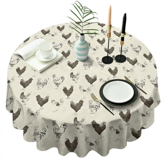 Beige Chicken Sketch Pattern Round Tablecloth 60"x60",Wrinkle Wipeable Table Cloth for Kitchen Dining Room Picnic Patio Party