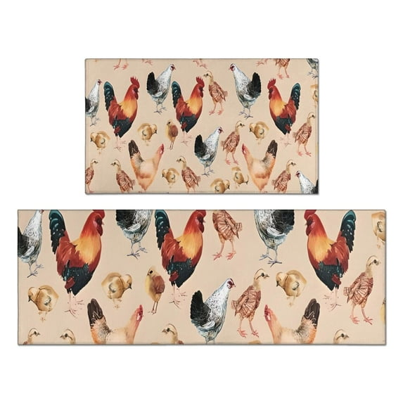 Beige Chicken Watercolor Pattern Kitchen Rugs Sets Of 2,Anti Fatigue Kitchen Mat Rugs Non Slip Washable,Decorative Kitchen Floor Mats for Kitchen,Sink,Laundry,17"x30"+17"x47"
