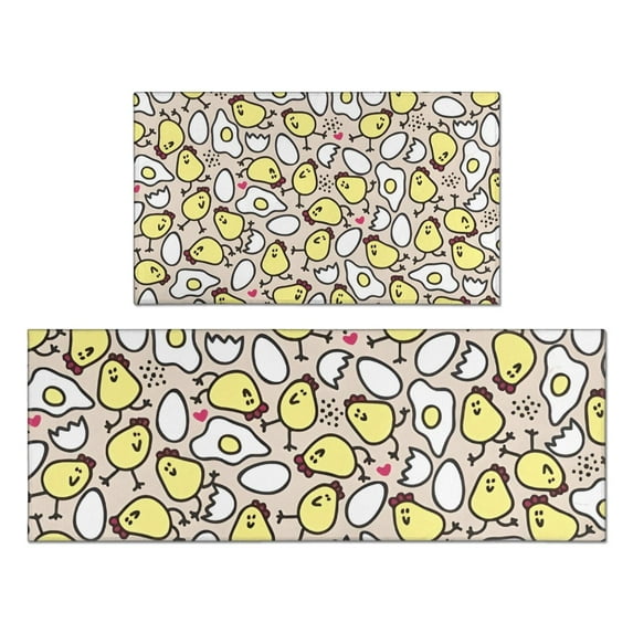 Beige Chicken Yellow Chick Egg Pattern Kitchen Rugs Sets Of 2,Anti Fatigue Kitchen Mat Rugs Non Slip Washable,Decorative Kitchen Floor Mats for Kitchen,Sink,Laundry,17"x30"+17"x47"