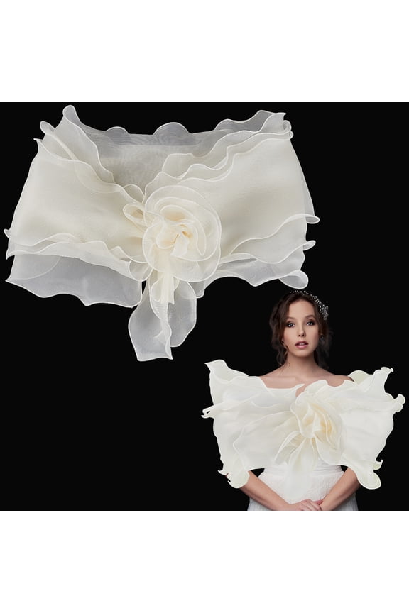 Beige Chiffon Ruffle Shawl Wrap Vintage Soft Sheer Silk Fabric Cape Pleated Floral Trimming Wave Edging Detachable Collar