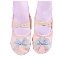 Beige Children'S Bow Dance Shoes With Soft Sole And No-Tie Elastic Strap, Constructed From Canvas For Dance Practice And Ballet