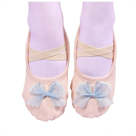 Beige Children'S Bow Dance Shoes With Soft Sole And No-Tie Elastic Strap, Constructed From Canvas For Dance Practice And Ballet