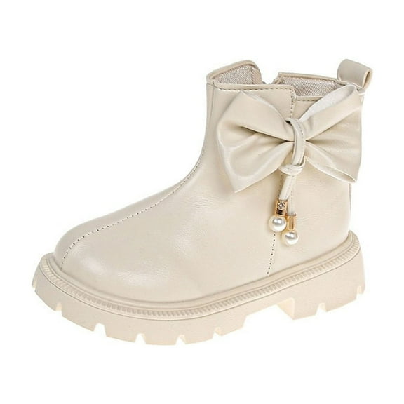 Beige Children'S Robust Footwear With Side Zipper And Bow Detail, Made From Faux Leather For Active Play