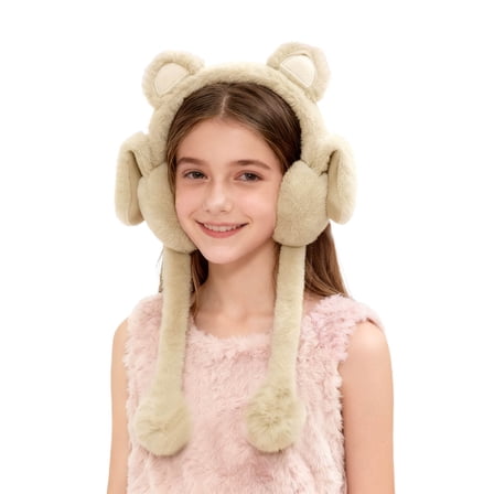 Beige Childrens Fleece Ear Muffs Windproof Thermal Ear Protection With Fun Moving Ears