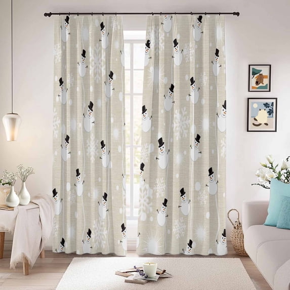 Beige Christmas Blackout Curtains for Bedroom/Living Room, Pinch Pleated Black Out Curtains, Xmas Snowman Snowflake Room Darkening Window Drapes with Hooks 2 Panels, 39"x70"