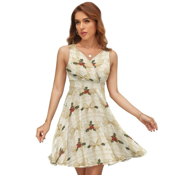 Beige Christmas Bow Sleeveless Dress Women Summer Evening Dresses Ladies Sundress