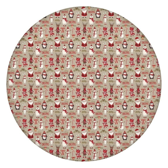 Beige Christmas Character Pattern Round Fitted Tablecloth with Elastic Edge,Dining Table Cover Waterproof,Outdoor Round Tablecloth for Camping,Dining,Indoor and Outdoor