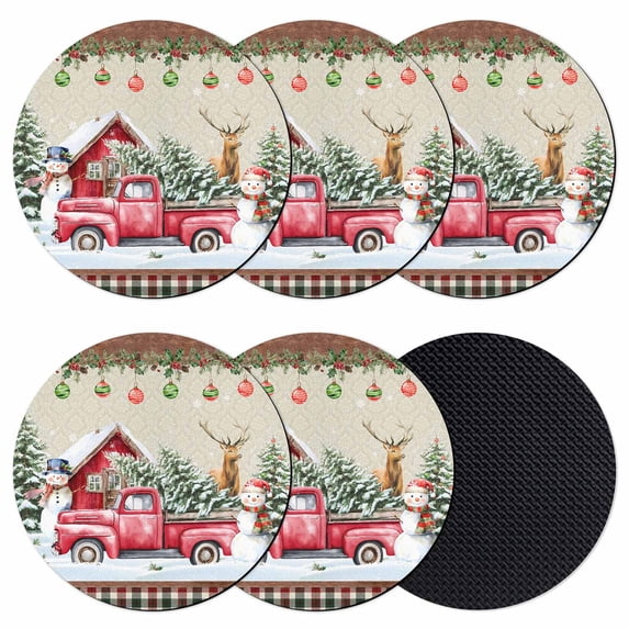 Beige Christmas Coasters Set of 6, Absorbent Coasters for Drinks, Red Truck Plaid Snowman Xmas Tree Ball Coaster for Desk Coffee Table Protection, Home Decor House Warming Gifts 4"