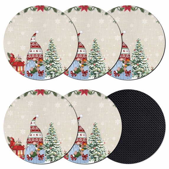Beige Christmas Coasters Set of 6, Absorbent Coasters for Drinks, Xmas Tree Gnomes Poinsettia Snowflake Coaster for Desk Coffee Table Protection, Home Decor House Warming Gifts 4"