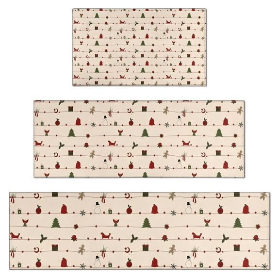 Beige Christmas Decoration Pattern Kitchen Rugs Sets Of 3,Kitchen Runner Rugs Non Skid Washable,Decorative Kitchen Floor Mats for Kitchen,Sink,Laundry,17"x30"+ 17"x47" + 17"x59"