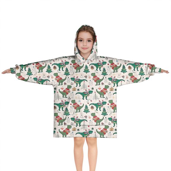 Beige Christmas Dinosaur Pattern Blanket Hoodies for Kids 6-13YR Oversize Wearable Blanket Hoodies for Boys Girls Teens