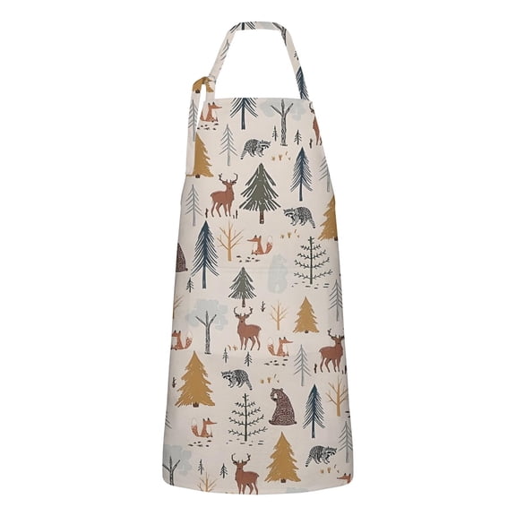 Beige Christmas Forest Animal Apron-Garden Aprons for Women with Pockets-Cotton Linen Waterproof Kitchen Cooking Gardening Aprons Adjustable for Kitchen,Cooking,BBQ and Salon 32"x27"