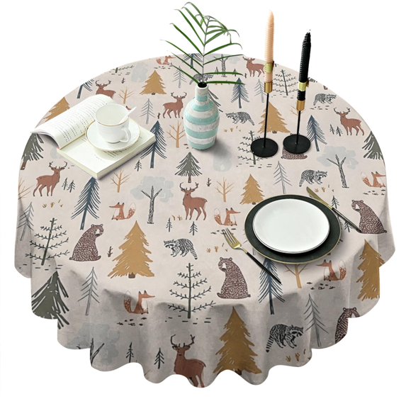 Beige Christmas Forest Animal Pattern Round Tablecloth 60"x60",Wrinkle Wipeable Table Cloth for Kitchen Dining Room Picnic Patio Party