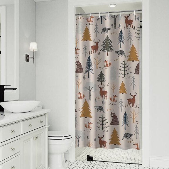 Beige Christmas Forest Animal Pattern Shower Curtain 36"x72" ,Bathroom Decorative Shower Curtains Set with 12 Hooks,Modern Waterproof Washable Shower Curtain