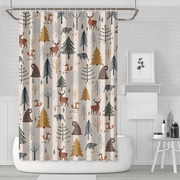 Beige Christmas Forest Animal Pattern Shower Curtain 72"x72" ,Bathroom Decorative Shower Curtains Set with 12 Hooks,Modern Waterproof Washable Shower Curtain