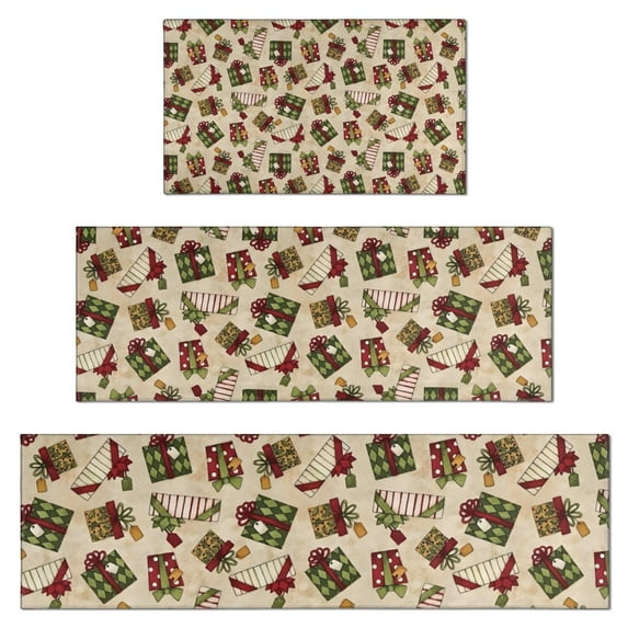 Beige Christmas Gift Pattern Kitchen Rugs Sets Of 3,Kitchen Runner Rugs Non Skid Washable,Decorative Kitchen Floor Mats for Kitchen,Sink,Laundry,17"x30"+ 17"x47" + 17"x59"